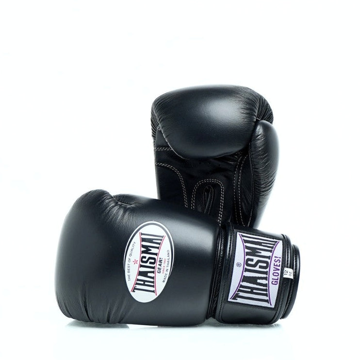 THAISMAI BG124 Muay Thai boxing gloves in black leather with reinforced multi-layer padding, secure hook-and-loop wrist closure and Thaismai branding on a white background