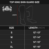 Top King TKSGP-GL Pro shin guards in black genuine leather with full-length shin and instep protection, dense impact padding and secure hook-and-loop closures for Muay Thai and kickboxing on a white background