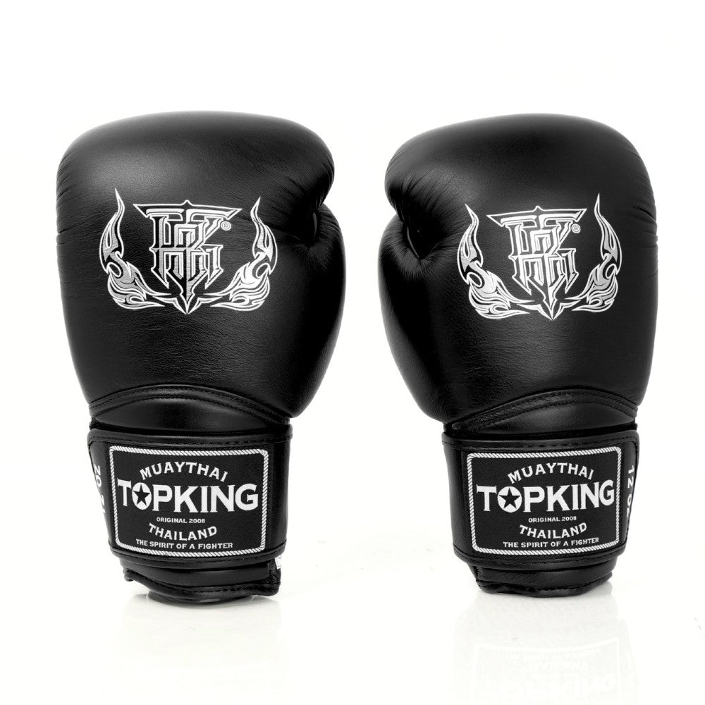 Top King TKBGSA Super Air boxing gloves with lightweight ventilated construction, multi-layer impact padding, ergonomic fist shape and secure hook-and-loop wrist closure for boxing and Muay Thai training on a white background