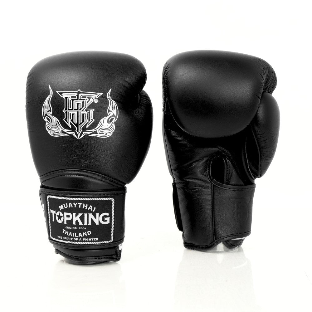 Top King TKBGSA Super Air boxing gloves with lightweight ventilated construction, multi-layer impact padding, ergonomic fist shape and secure hook-and-loop wrist closure for boxing and Muay Thai training on a white background