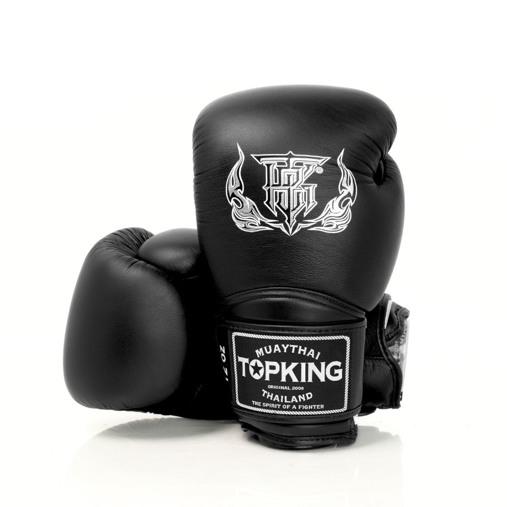 Top King TKBGSA Super Air boxing gloves with lightweight ventilated construction, multi-layer impact padding, ergonomic fist shape and secure hook-and-loop wrist closure for boxing and Muay Thai training on a white background