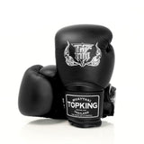 Top King TKBGSA Super Air boxing gloves with lightweight ventilated construction, multi-layer impact padding, ergonomic fist shape and secure hook-and-loop wrist closure for boxing and Muay Thai training on a white background