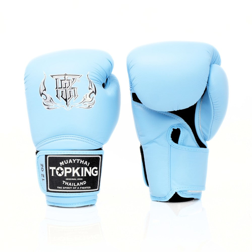 Top King TKBGSA Super Air boxing gloves with lightweight ventilated construction, multi-layer impact padding, ergonomic fist shape and secure hook-and-loop wrist closure for boxing and Muay Thai training on a white background
