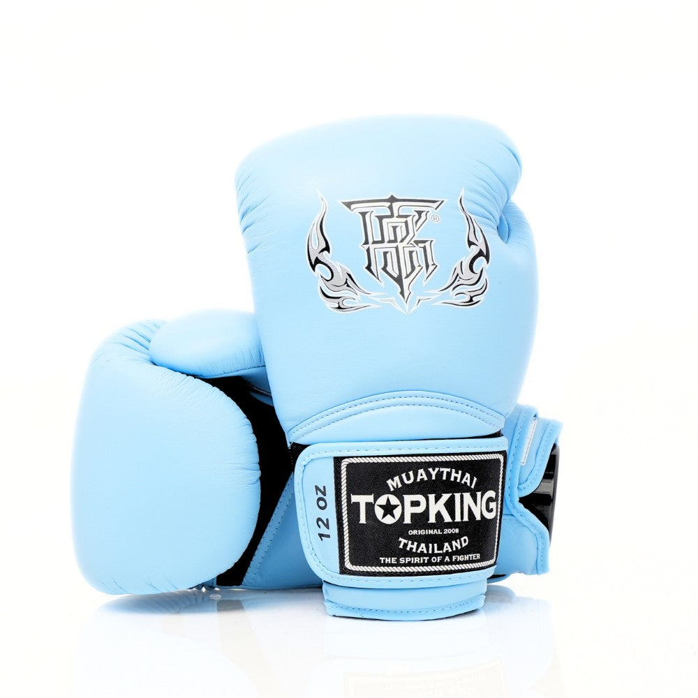 Top King TKBGSA Super Air boxing gloves with lightweight ventilated construction, multi-layer impact padding, ergonomic fist shape and secure hook-and-loop wrist closure for boxing and Muay Thai training on a white background