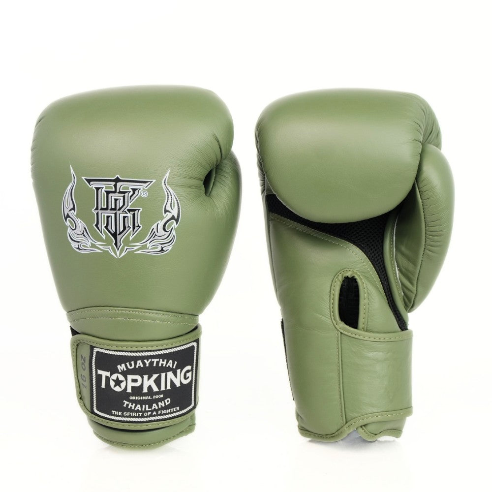 Top King TKBGSA Super Air boxing gloves with lightweight ventilated construction, multi-layer impact padding, ergonomic fist shape and secure hook-and-loop wrist closure for boxing and Muay Thai training on a white background