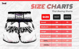 Twins Special TBS-JUNGLE Muay Thai shorts size chart showing waist and length measurements for sizes Small through 4L