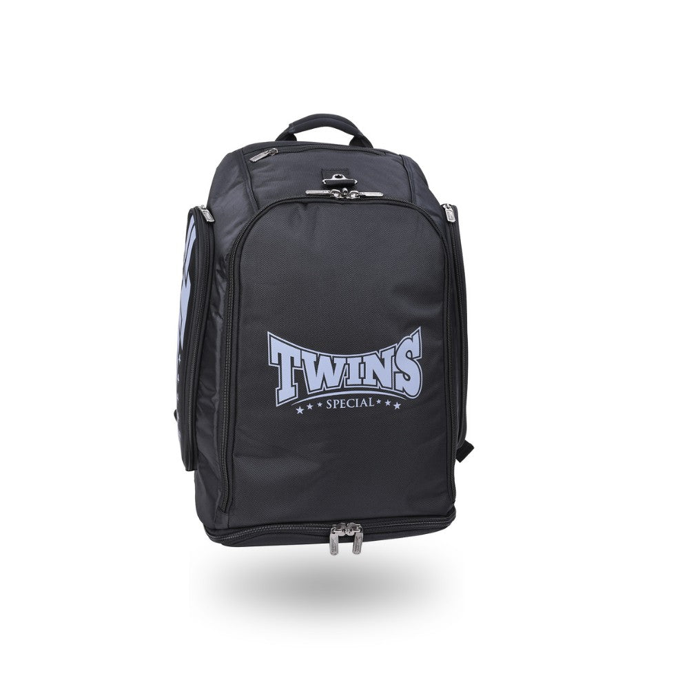 Twins Special BAG-5 backpack gym bag in black with durable storage construction, adjustable shoulder straps, zippered compartments and fight-gear carry capacity on a white background