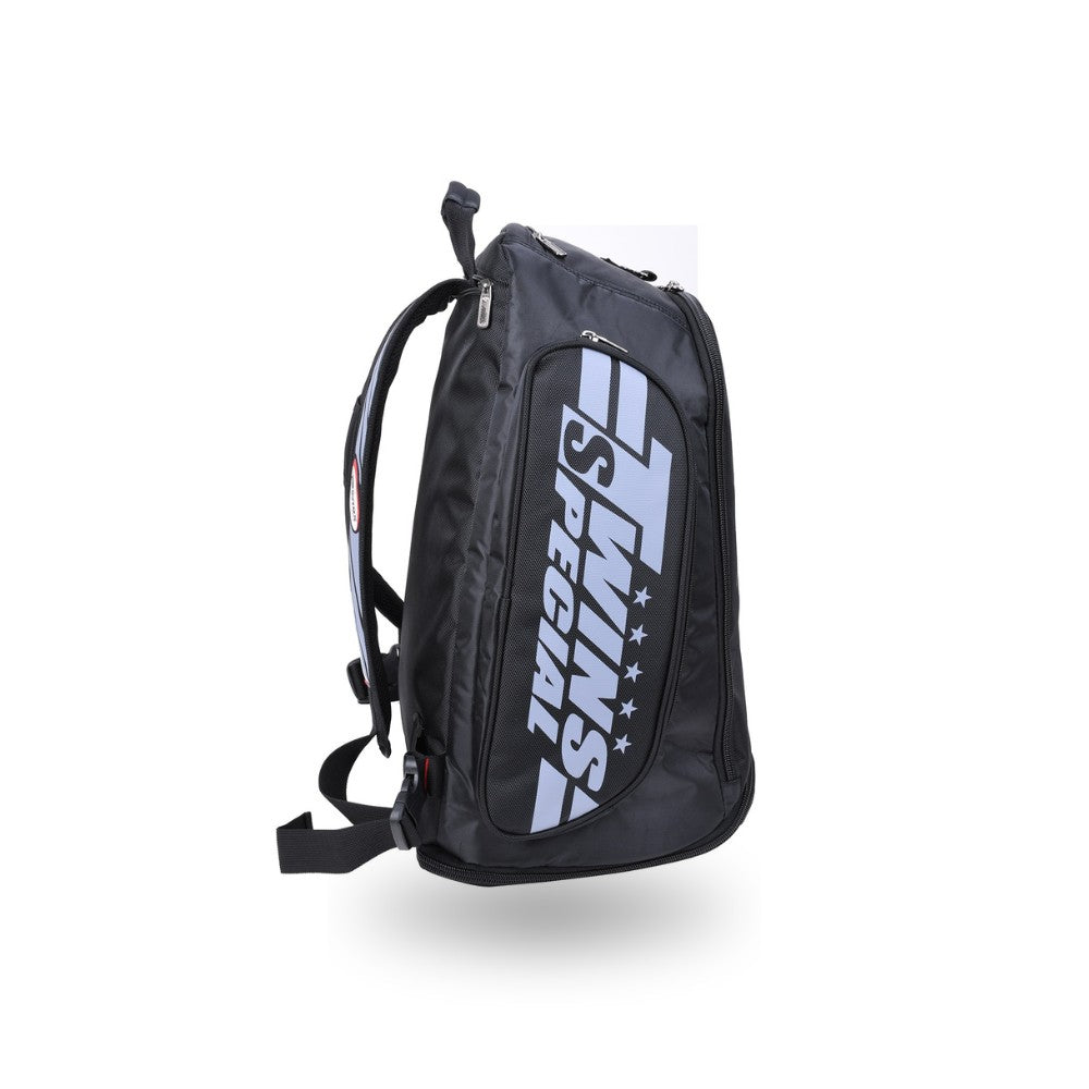 Twins Special BAG-5 backpack gym bag in black with durable storage construction, adjustable shoulder straps, zippered compartments and fight-gear carry capacity on a white background