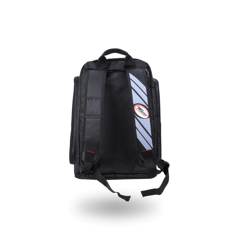 Twins Special BAG-5 backpack gym bag in black with durable storage construction, adjustable shoulder straps, zippered compartments and fight-gear carry capacity on a white background