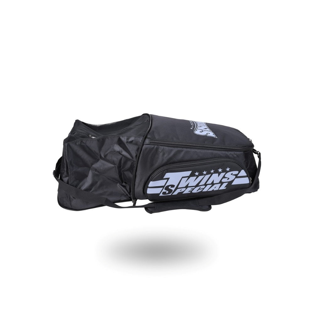 Twins Special BAG-5 backpack gym bag in black with durable storage construction, adjustable shoulder straps, zippered compartments and fight-gear carry capacity on a white background