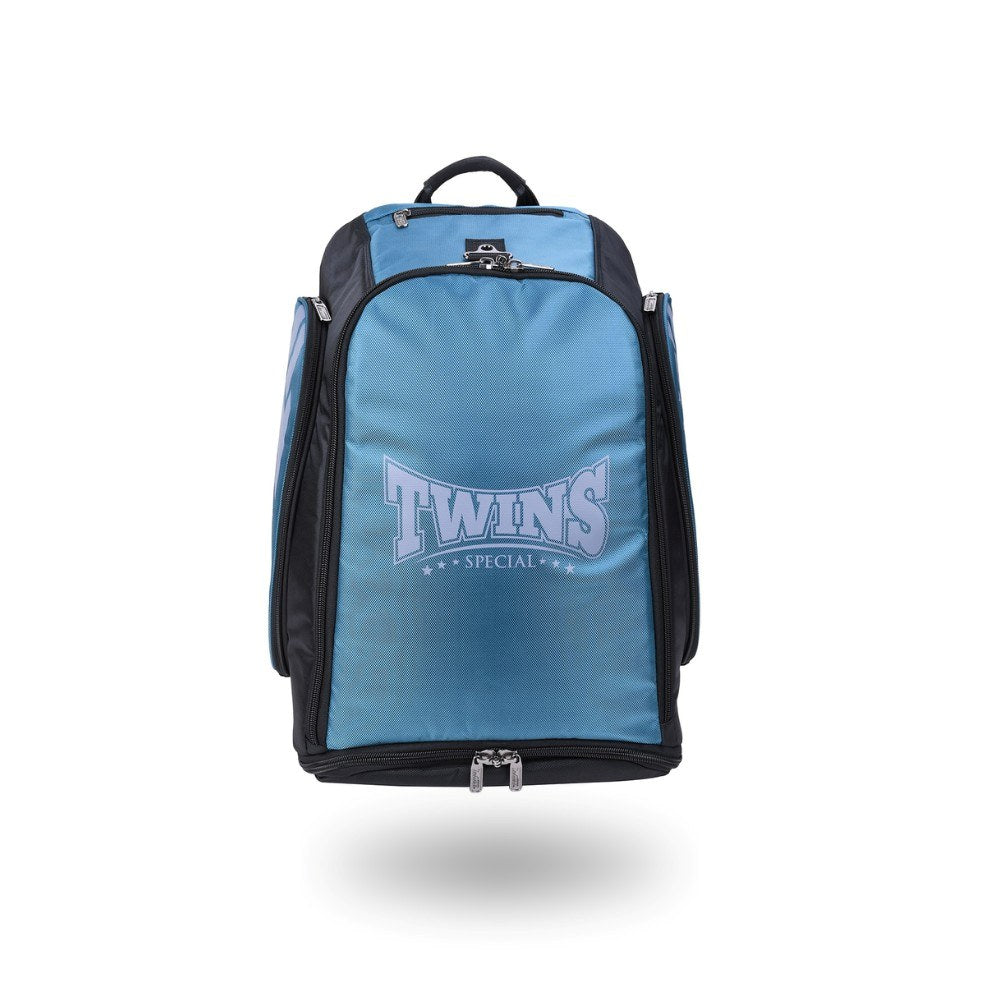 Twins Special BAG-5 backpack gym bag in black with durable storage construction, adjustable shoulder straps, zippered compartments and fight-gear carry capacity on a white background