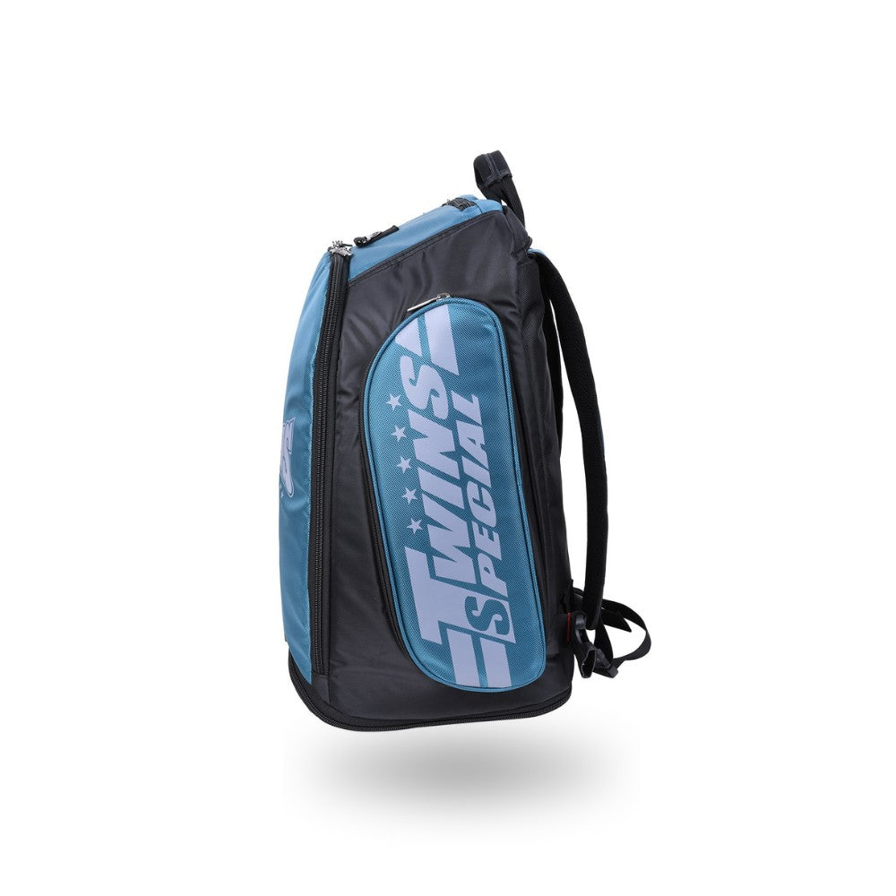 Blue and black Twins Special BAG-5 backpack gym bag with adjustable shoulder straps, zippered compartments, and durable fight-gear storage on a white background