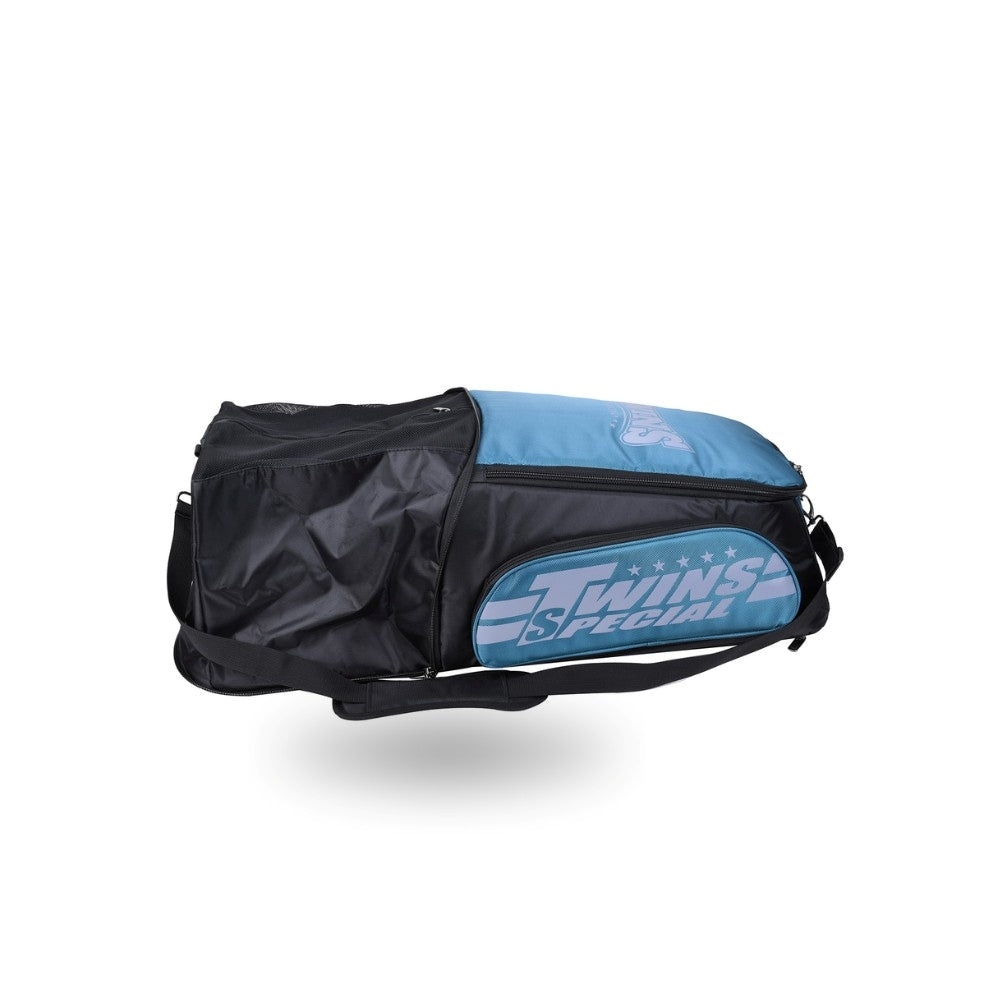 Twins Special BAG-5 backpack gym bag in black with durable storage construction, adjustable shoulder straps, zippered compartments and fight-gear carry capacity on a white background