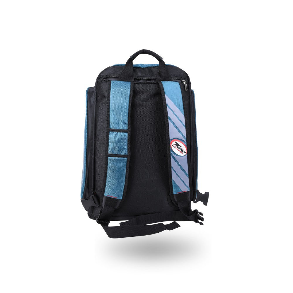 Twins Special BAG-5 backpack gym bag in black with durable storage construction, adjustable shoulder straps, zippered compartments and fight-gear carry capacity on a white background