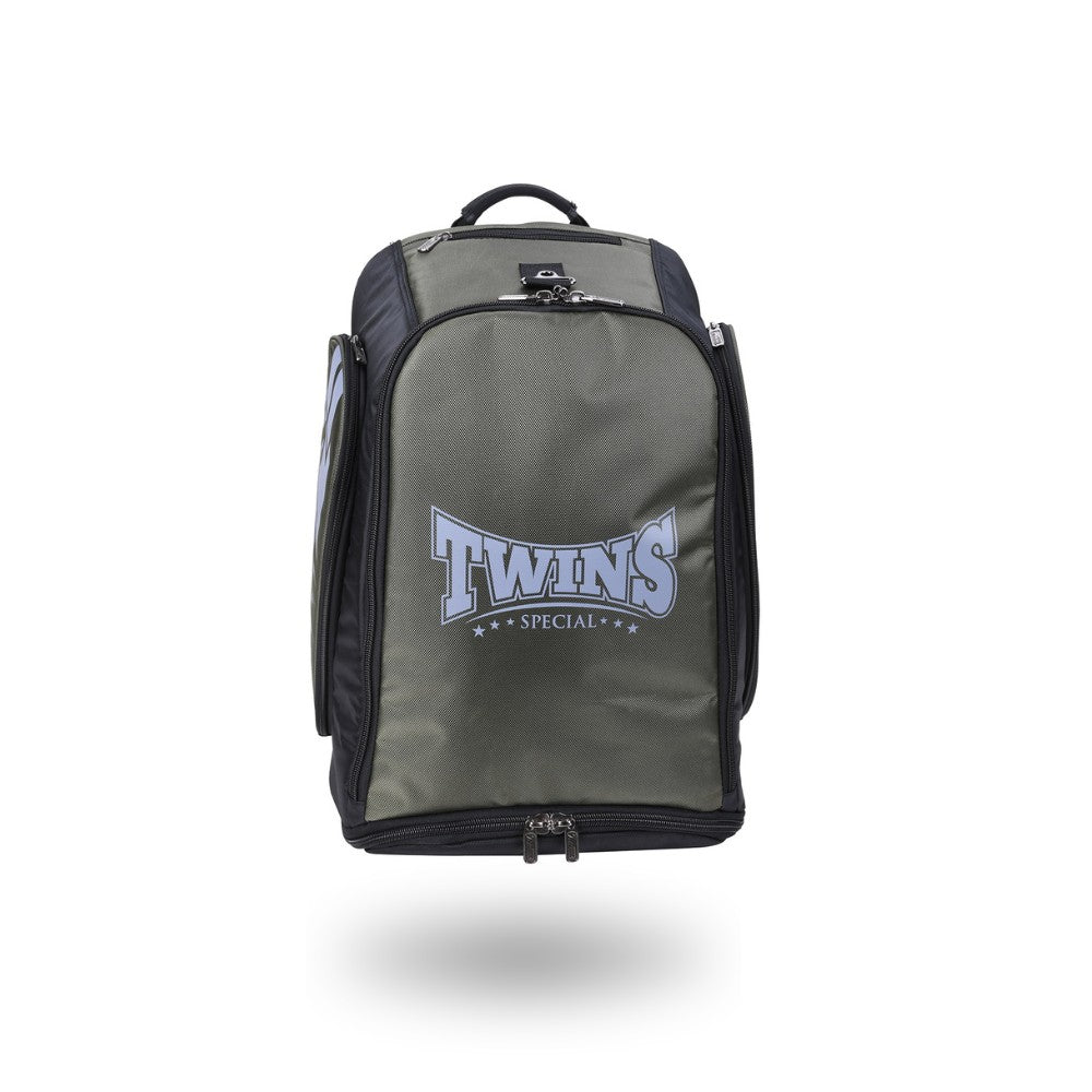 Twins Special BAG-5 backpack gym bag in black with durable storage construction, adjustable shoulder straps, zippered compartments and fight-gear carry capacity on a white background