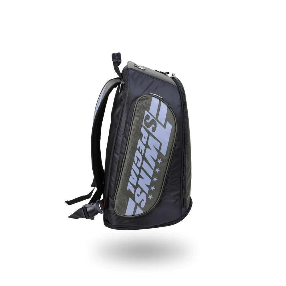Twins Special BAG-5 backpack gym bag in black with durable storage construction, adjustable shoulder straps, zippered compartments and fight-gear carry capacity on a white background