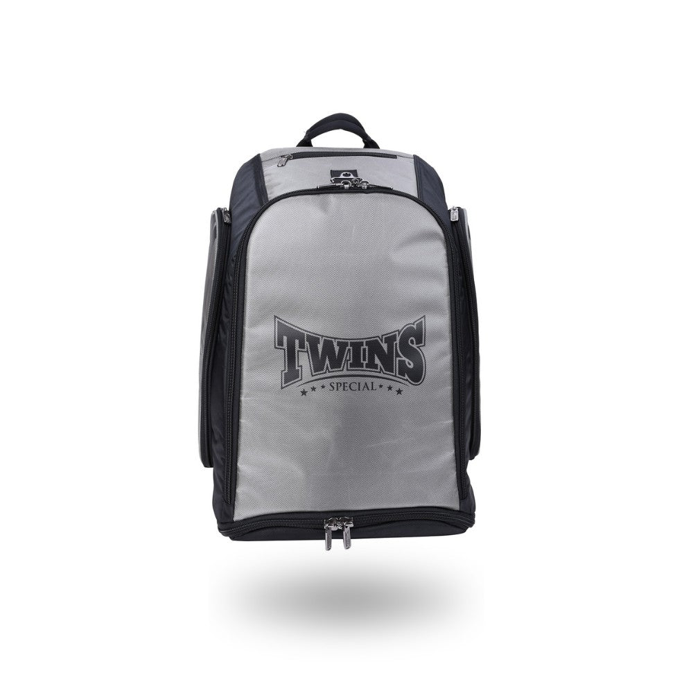 Twins Special BAG-5 backpack gym bag in black with durable storage construction, adjustable shoulder straps, zippered compartments and fight-gear carry capacity on a white background