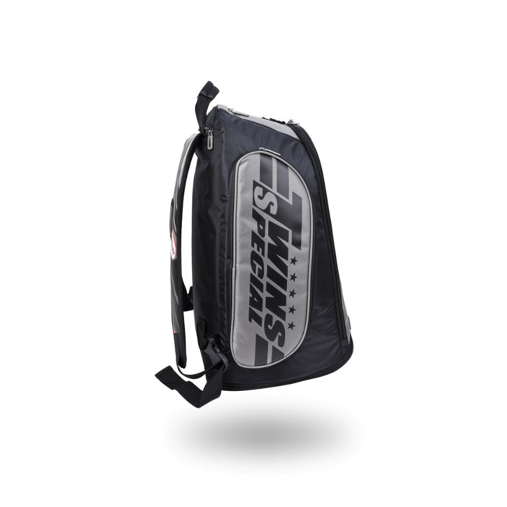 Twins Special BAG-5 backpack gym bag in black with durable storage construction, adjustable shoulder straps, zippered compartments and fight-gear carry capacity on a white background