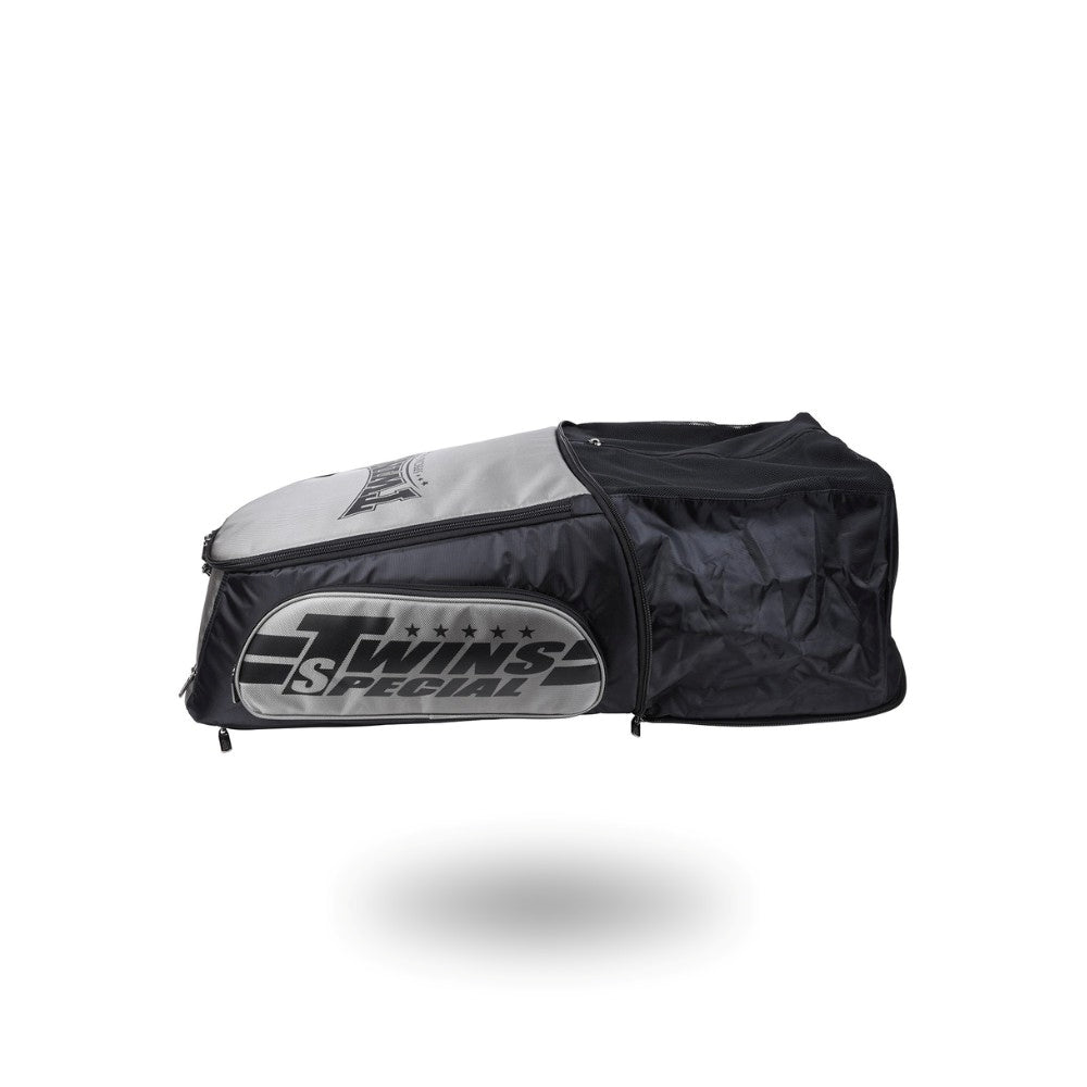 Twins Special BAG-5 backpack gym bag in black with durable storage construction, adjustable shoulder straps, zippered compartments and fight-gear carry capacity on a white background