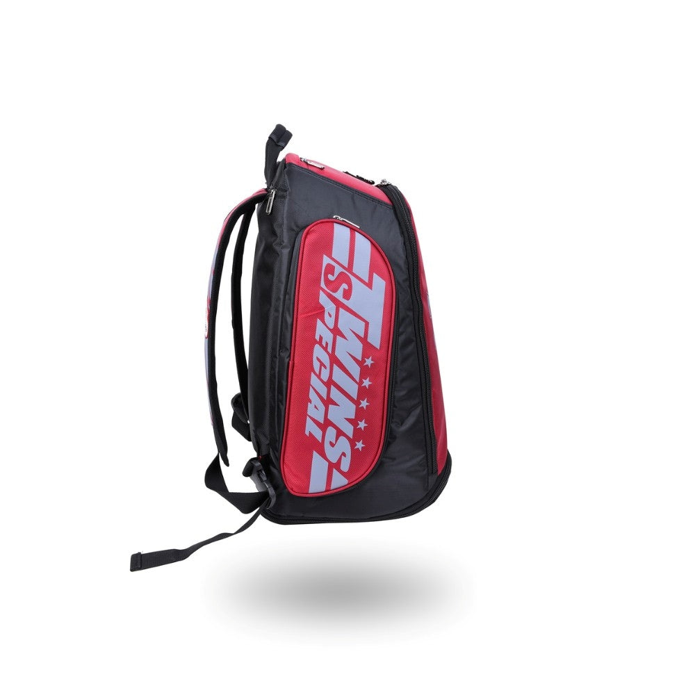 Twins Special BAG-5 backpack gym bag in black with durable storage construction, adjustable shoulder straps, zippered compartments and fight-gear carry capacity on a white background