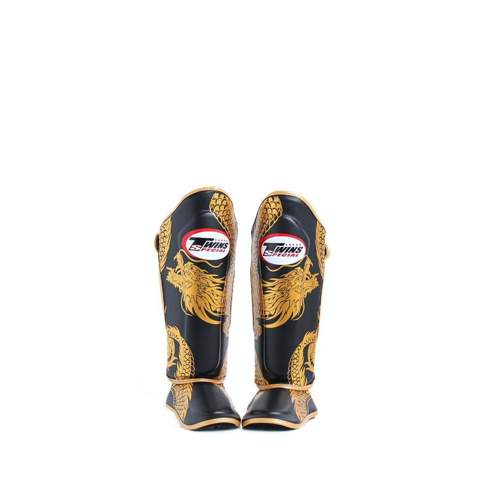 Twins Special FSGL10 49 Dragon leather shin guards with full-length shin and instep protection on a white background.