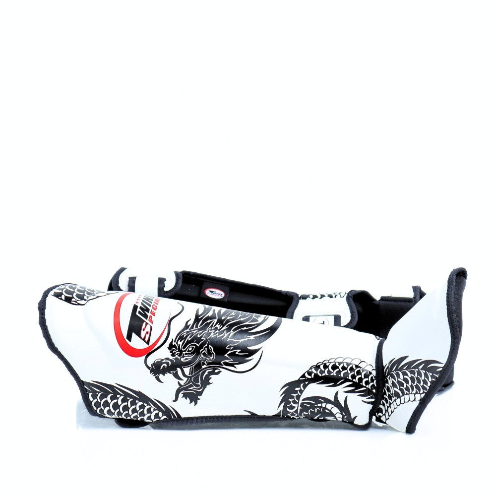 Twins Special FSGL10 49 Dragon leather shin guards with full-length shin and instep protection on a white background.