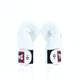 Pair of white Twins Special boxing gloves displayed side-by-side with black and red 12 oz wrist patches on a white background
