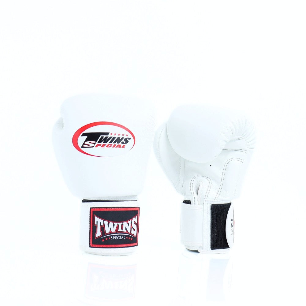 White Twins Special BGVL-3 boxing gloves showing the knuckle and palm sides with wrist straps