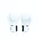 Rear view of a pair of white Twins Special boxing gloves showing black hook-and-loop wrist strap closures on a white background with a soft reflection