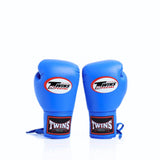 Twins Special BGLL-1 lace-up boxing gloves in premium Thai leather with secure lace closure, attached thumb and competition-style padding for boxing and Muay Thai training on a white background