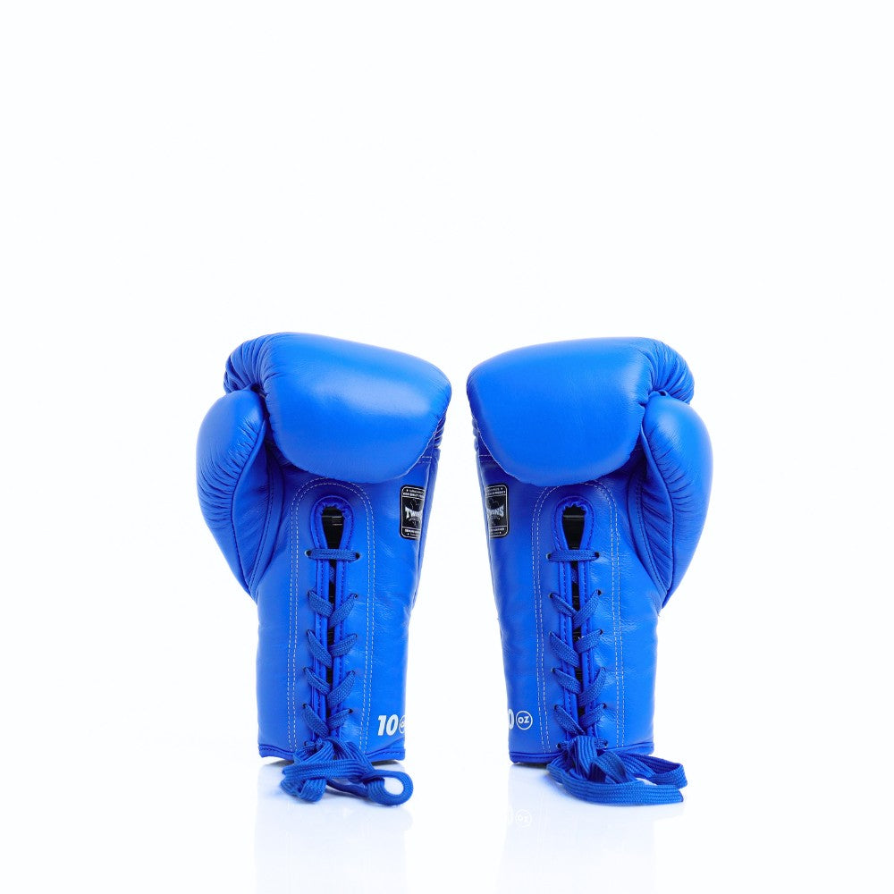 Twins Special BGLL-1 lace-up boxing gloves in premium Thai leather with secure lace closure, attached thumb and competition-style padding for boxing and Muay Thai training on a white background