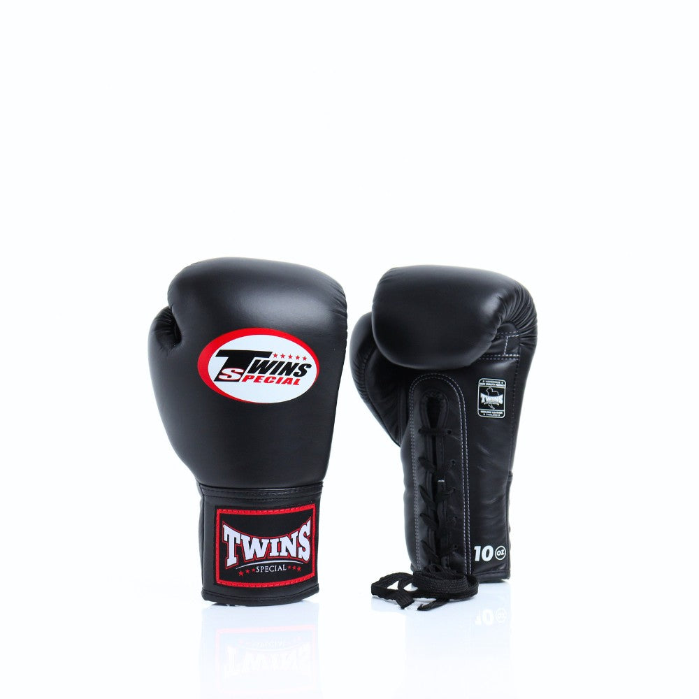 Twins Special BGLL-1 lace-up boxing gloves in premium Thai leather with secure lace closure, attached thumb and competition-style padding for boxing and Muay Thai training on a white background