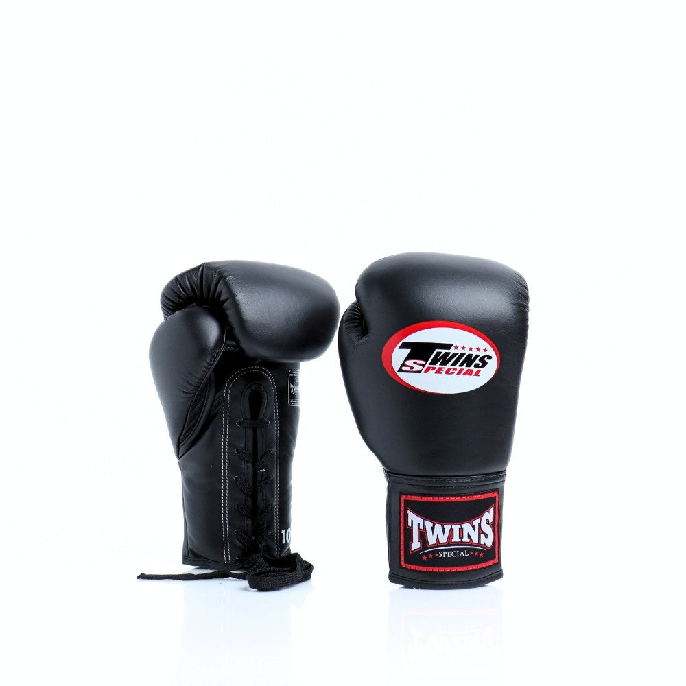 Twins Special BGLL-1 lace-up boxing gloves in premium Thai leather with secure lace closure, attached thumb and competition-style padding for boxing and Muay Thai training on a white background