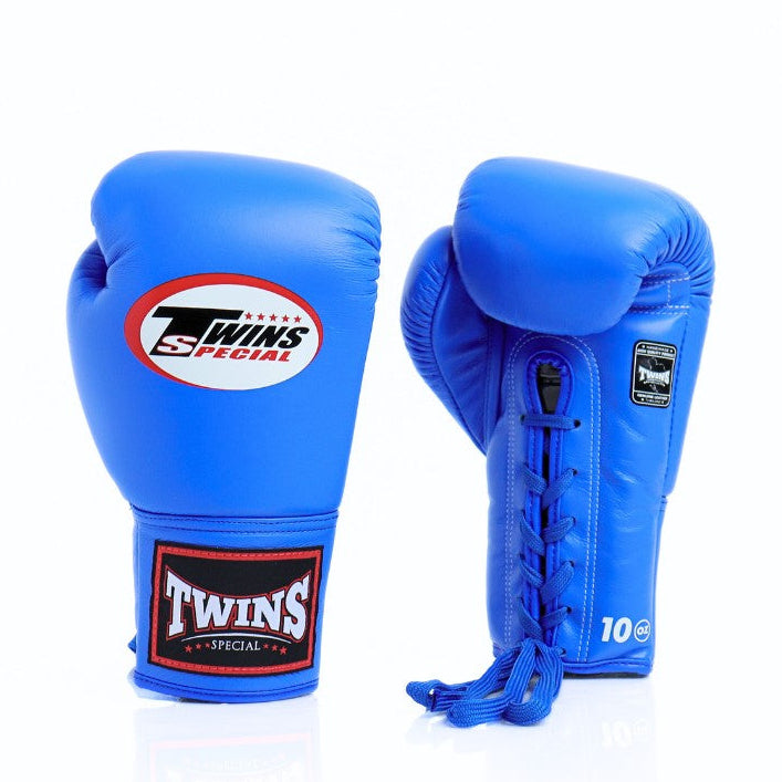 Twins Special BGLL-1 lace-up boxing gloves in premium Thai leather with secure lace closure, attached thumb and competition-style padding for boxing and Muay Thai training on a white background