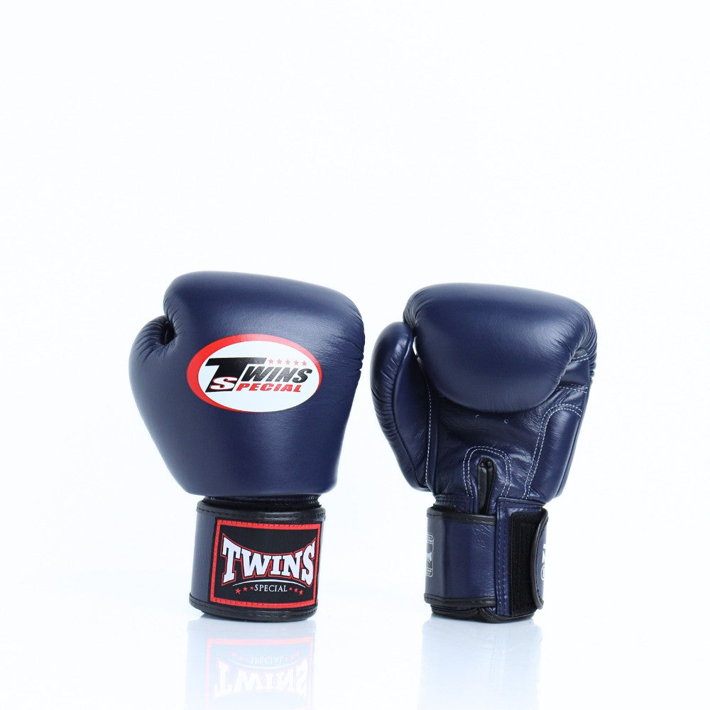 Navy Twins Special BGVL-3 boxing gloves showing the front logo and palm-side wrist closure.