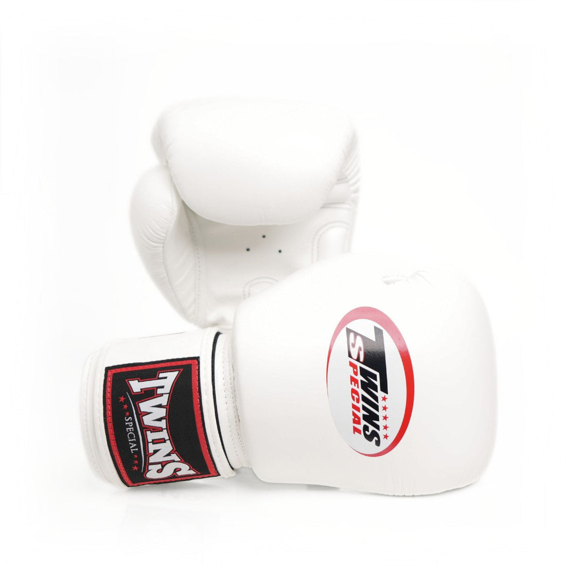 White Twins Special BGVL-3 boxing gloves showing the front logo, palm and wrist strap.