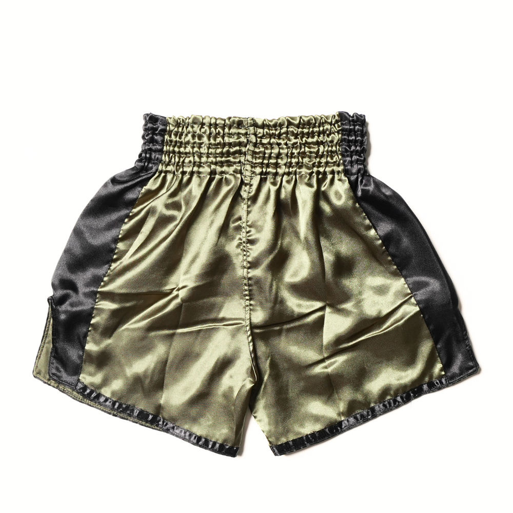Rear view of olive and black Windy classic satin Muay Thai shorts showing the elastic waistband, side-slit cut and lightweight training fabric on a white background