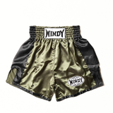 Front view of olive and black Windy classic satin Muay Thai shorts showing the elastic waistband, white Windy branding, circular logo patch and side-slit design on a white background
