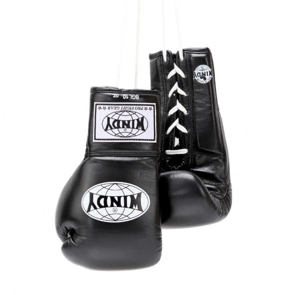 Windy BGL black lace-up boxing gloves with extended side padding, secure wrist support and Windy branding, pair on a white background
