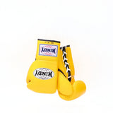 Front view of yellow Windy BGL lace-up boxing gloves showing padded knuckles, white laces, black trim and Windy branding on a white background