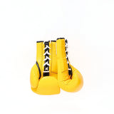 Additional view of yellow Windy BGL lace-up boxing gloves showing white laces, stitched leather, black edging and padded wrist construction on a white background
