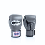 Front view of grey Windy BGVH Muay Thai boxing gloves showing padded knuckles, thumb protection, wrist cuffs and Windy branding on a white background