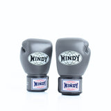 Palm-side view of grey Windy BGVH Muay Thai boxing gloves showing stitched leather palms, thumb opening and padded wrist support on a white background