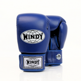 Front view of blue Windy BGVH Muay Thai boxing gloves showing padded knuckles, thumb protection, wrist cuffs and Windy branding on a white background