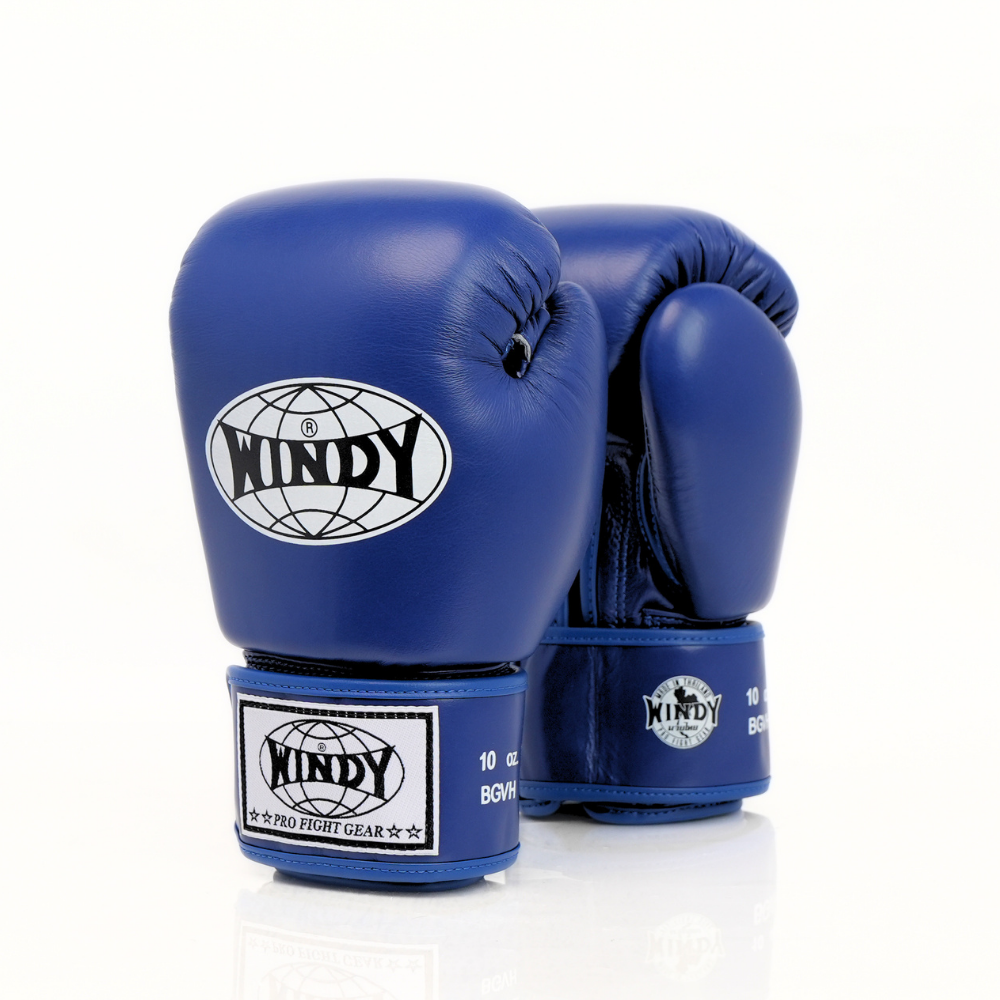 Palm-side view of blue Windy BGVH Muay Thai boxing gloves showing stitched leather palms, thumb opening and padded wrist support on a white background