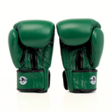 Palm-side view of green Windy BGVH Muay Thai boxing gloves showing stitched leather palms, thumb opening and padded wrist support on a white background