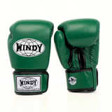 Rear view of green Windy BGVH Muay Thai boxing gloves showing leather panels, wrist cuffs and Windy branding on a white background