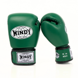 Angled view of green Windy BGVH Muay Thai boxing gloves showing padded knuckles, thumb guard, leather construction and secure wrist closure on a white background