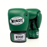 Front view of green Windy BGVH Muay Thai boxing gloves showing padded knuckles, thumb protection, wrist cuffs and Windy branding on a white background