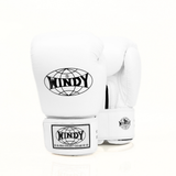 Angled front view of white Windy BGVH leather Muay Thai boxing gloves showing the padded glove profile, Windy branding and wrist straps on a white background